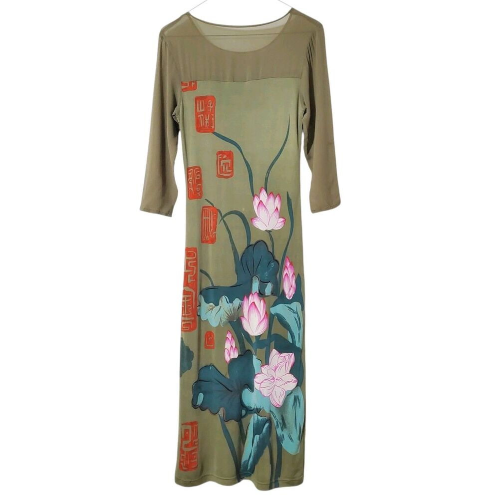 Illig Vintage 100% Silk Midi Dress Size M Y2K Asian Lotus Print Kanji Womens - Picture 6 of 11